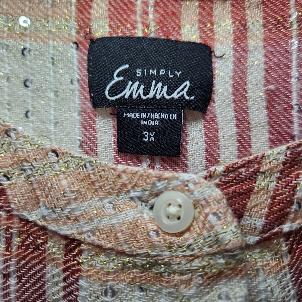 Simply Emma Plaid Silver Thread Sequin button Womens Size 3X Short Sleeve Blouse - Picture 3 of 8